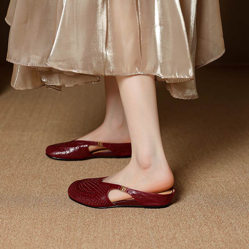 Krazing Pot SheepSkin Mules Round Toe Size 42 Low Heels Slip on Light Shoes Increased Hollow Style Pumps