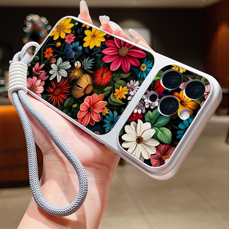 Oil Painting Floral Leather Lanyard Case For iPhone 18 Pro Max Hybrid TPU+PU Anti-skid Soft Cover For iPhone 17 16 15 14 13 Pro Max