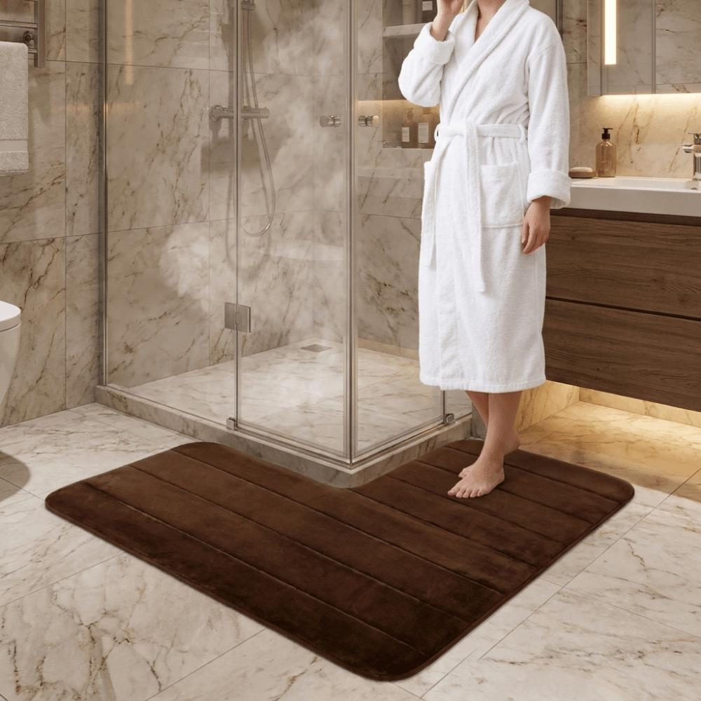 Striped L-Shaped Bathroom Floor Mat Coral Velvet Non-Slip Doormat Absorbent Foot Mat Shower Room
