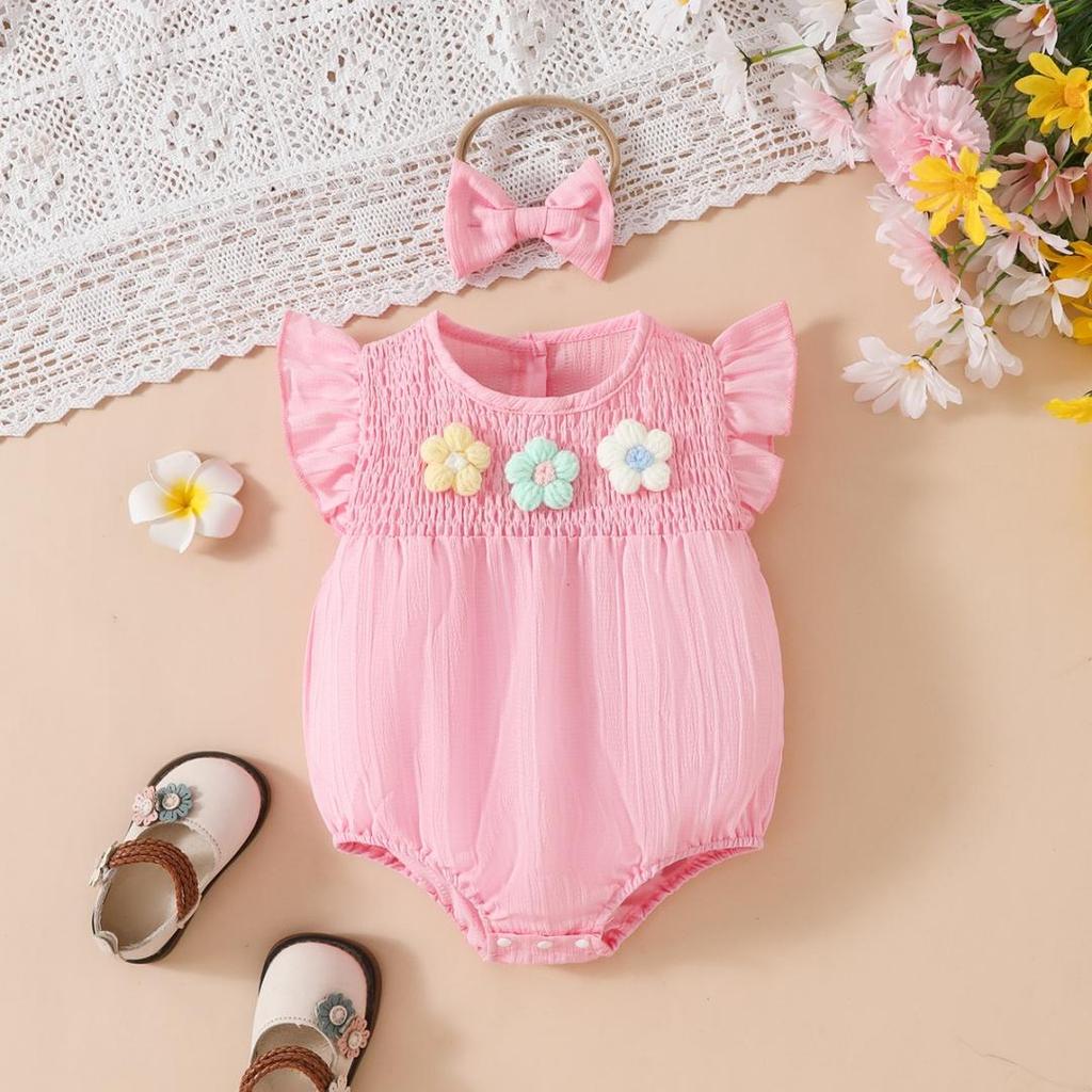 0-18M Neugeborenes Baby Mädchen Outfits Niedliche 3D Strick Blumen Sommerkleidung Säugling Fliegenärmel Bubble Strampler Stirnband Kleidung