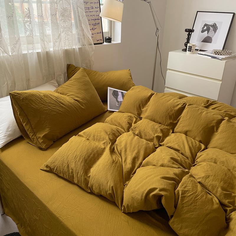 Bed Sheet Quilt Cover Nude Sleeping Pure Cotton Four-piece Set Washed Cotton Soft Bed Sheet Quilt Cover Solid Color Bedding