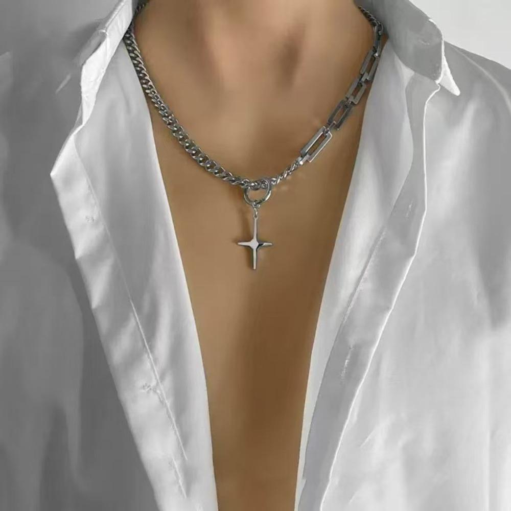 Hip-hop Punk Sliver Color Stainless Steel Star Black Square Pendant Splicing Chain Necklace for Women Men Personality Zircon
