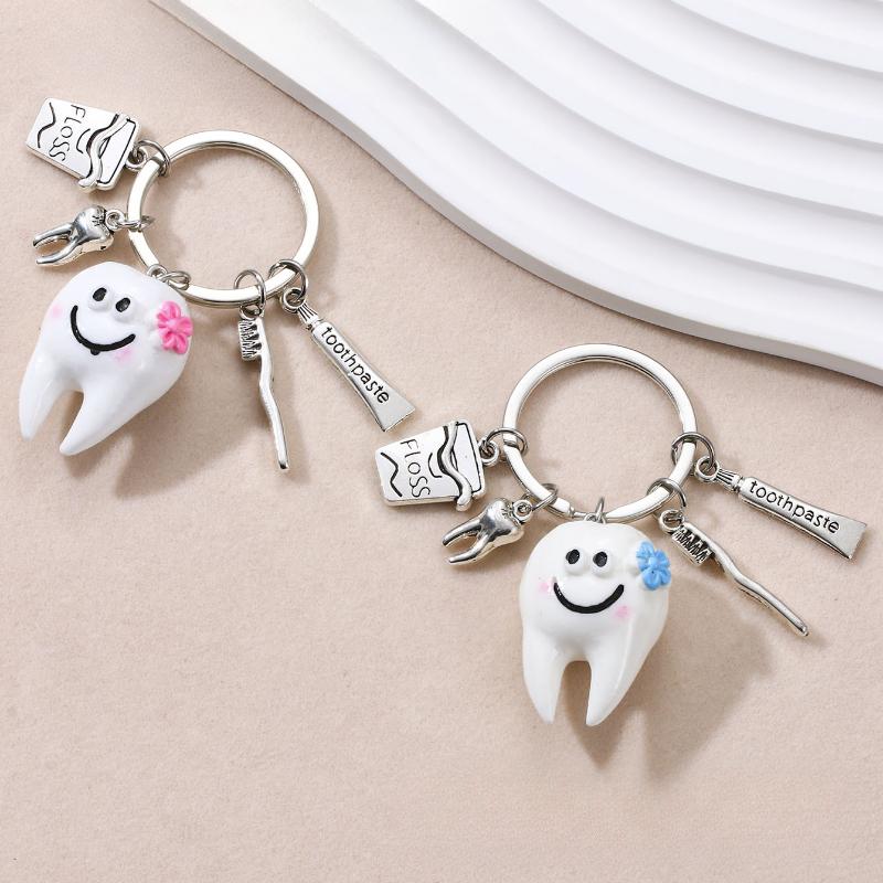 Cute Smiling Tooth Keychain With Floss Toothbrush Toothpaste Charms Key Ring Friendship Gift