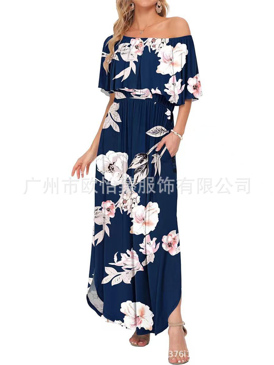 

Summer new printed one-word shoulder short-sleeved long dress XXL