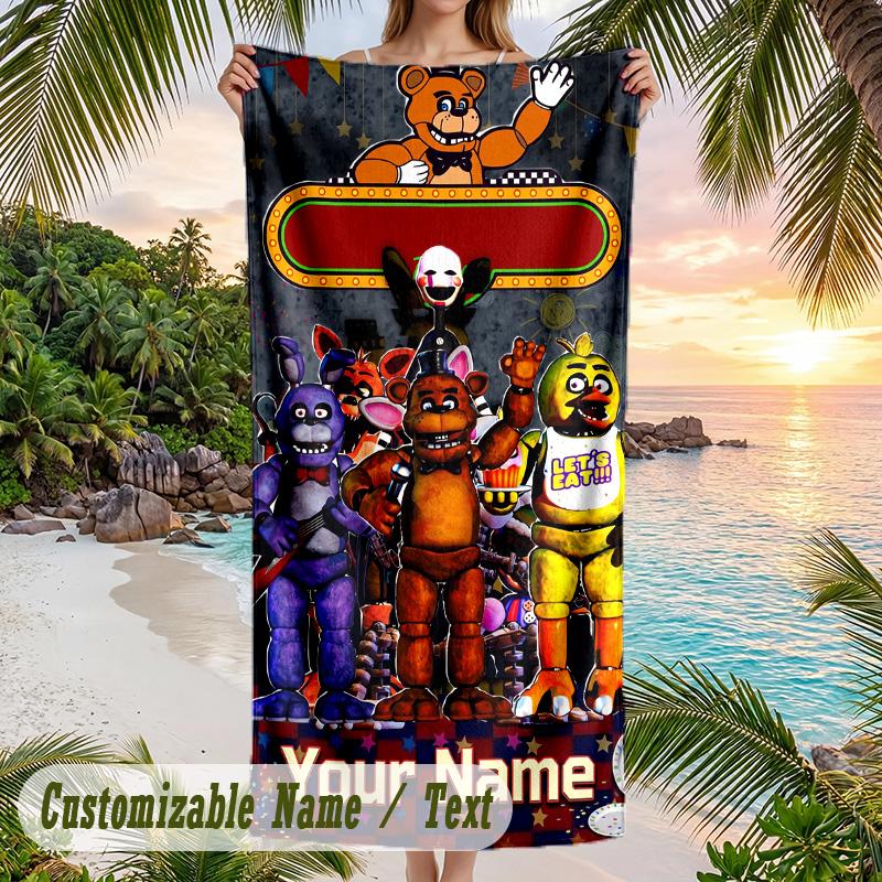 Five Nights At Freddy’s Beach Towel, Personalized Custom Text, Quick Dry Soft Large Towel For Swimming Pool Travel