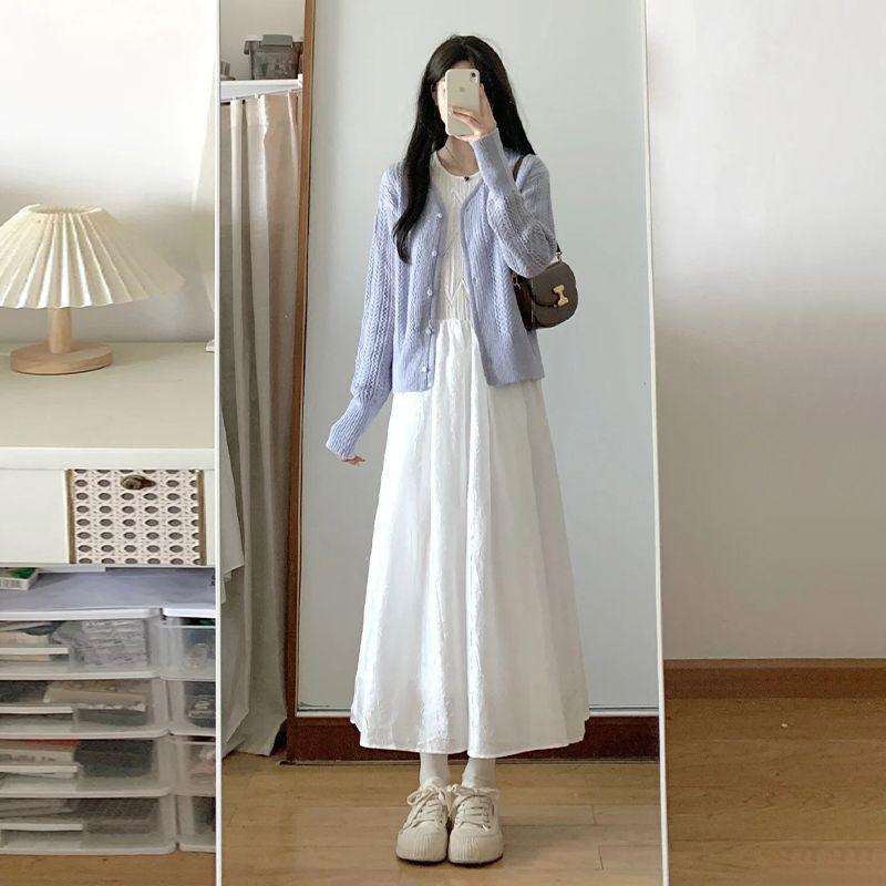 Französischer Teepause Frühling Strick Cardigan & Weißes Weste Langes Kleid Set für Damen - Altersreduzierendes Sommer Zweiteiliges Outfit