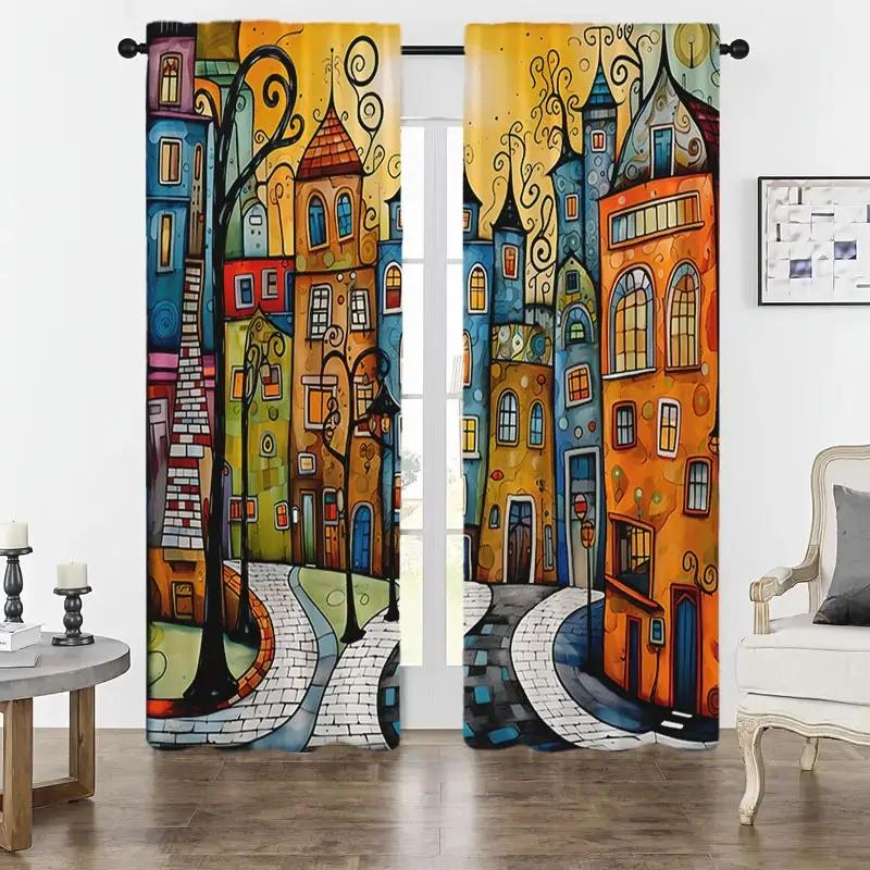 2 Pcs Cartoon Comic City Print Curtains,Suitable For Bedroom,Living Room Kitchen Decoration,Home Decoration,Window Decoration
