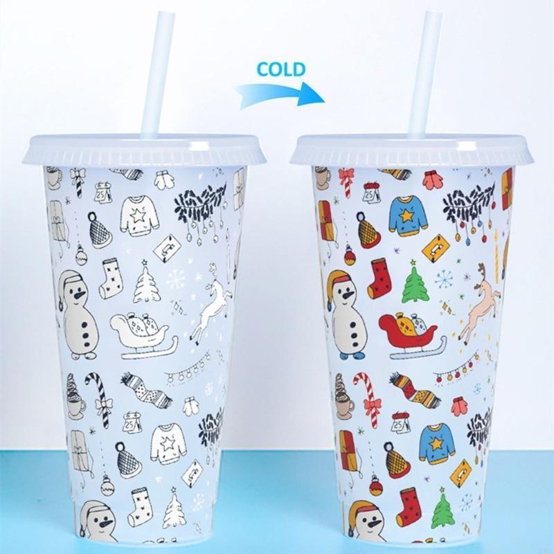 Portable Straw Cup with Lid Travel Mug Color-Changing Juice Beverage Cup X3UC