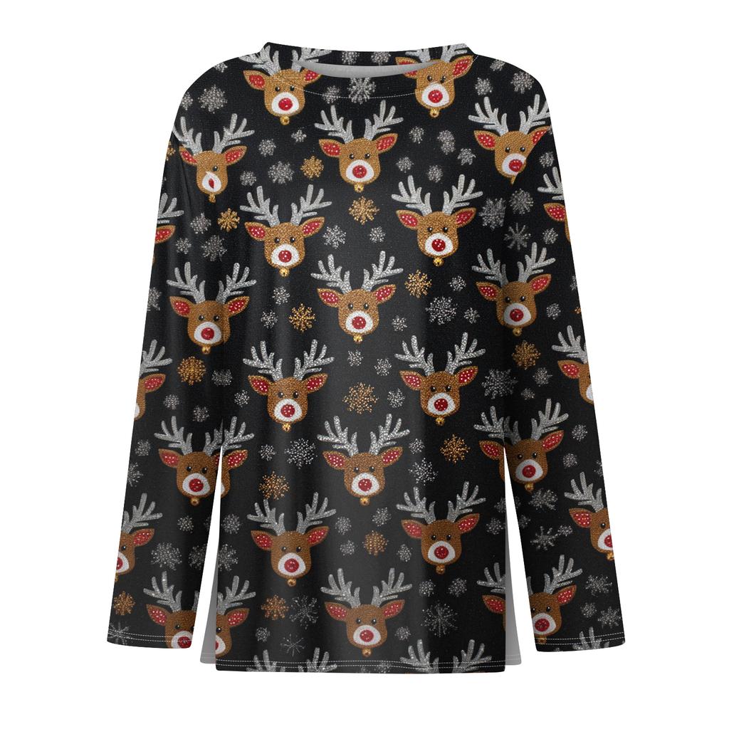 Damenmode Saumschlitz Lässig Weihnachten Bedruckt Rundhals Langarm Oberteil