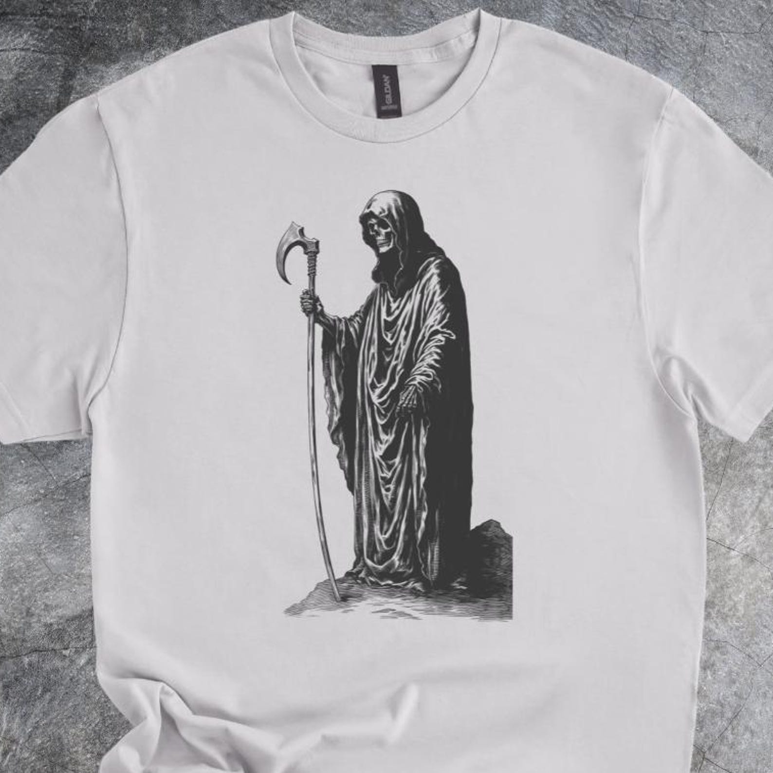 Grim Reaper Shirt Dark Figure Illustration Graphic Tshirt Cotton Style Tee Short Sleeve Light Gray 150