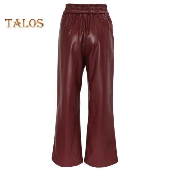 Women Flared Pants Slim High Waist Loose Pockets Faux Leather Elastic Waist Wide Leg Streetwear Solid Color Trousers for Work Leisure Daily Wear