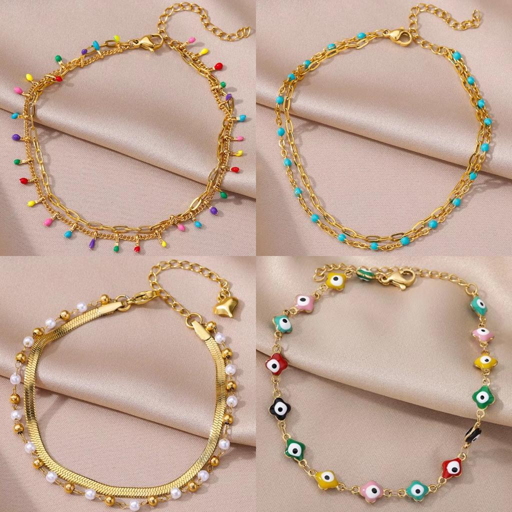 New Stainless Steel Devil's Eye Anklet Women's Drop Oil Bohemian Bead Chain Beach Waterproof Jewelry