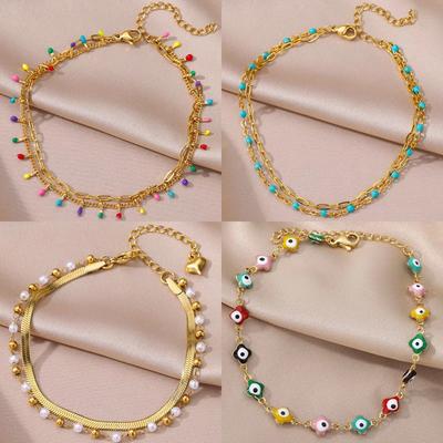 New Stainless Steel Devil's Eye Anklet Women's Drop Oil Bohemian Bead Chain Beach Waterproof Jewelry
