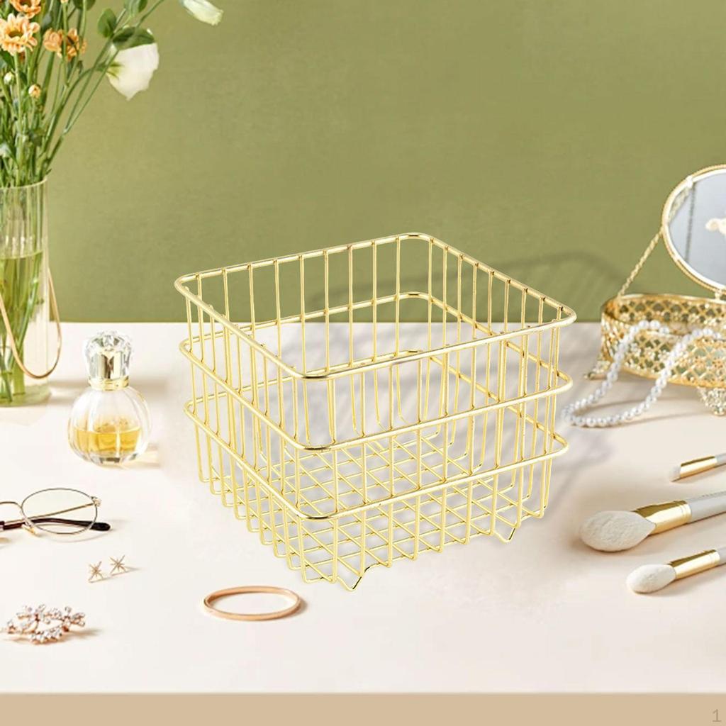 Iron Storage Basket Cosmetic Organizer Square Sturdy Snack Bin Wire for Bedroom Kitchen
