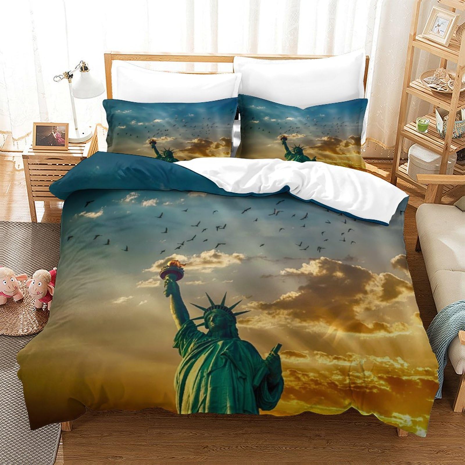 

Statue of Liberty Duvet Cover Set for Teens Adults Lightweight Down Quilt Covers Room Decor 2 Pillowcases 1 Duvet Cover No Quilt EU Single(135x200cm)