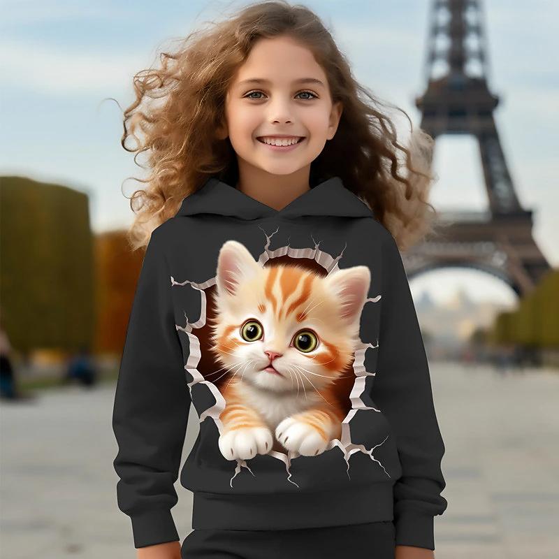 Girl Clothes Hoodies Long Sleeve Cartoon Kawaii Cat 3D Autumn Kids Clothes Fashion Casual Tops Outdoor Girl Children's Clothing