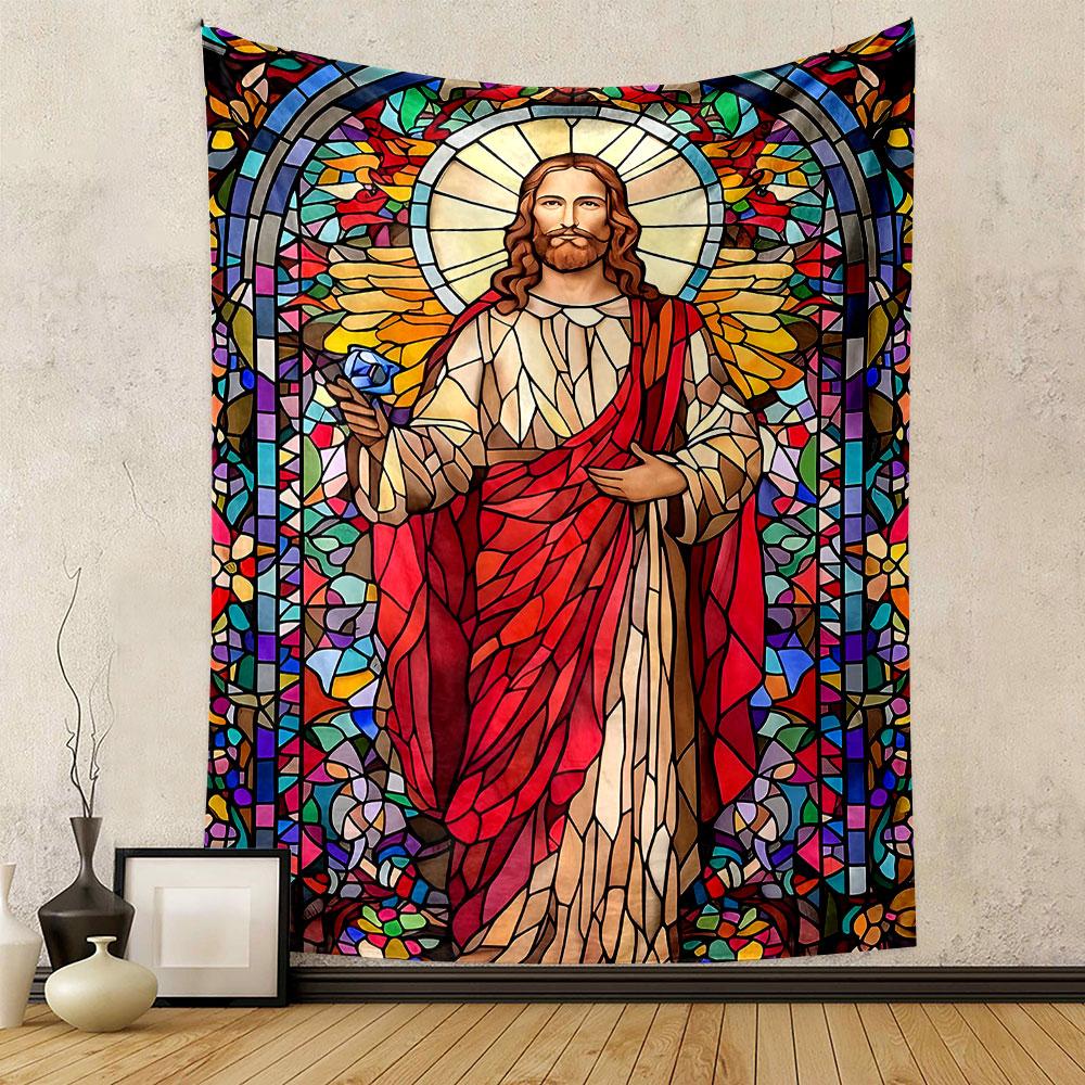 "Stained Glass Jesus with Halo Design" Patterned tapestry home decor, suitable for bedroom and living room, gift