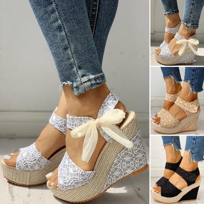 Women's Fashion Ladies Platform Wedges Heel Sandals Floral Flower Lace-up Shoes Footwear