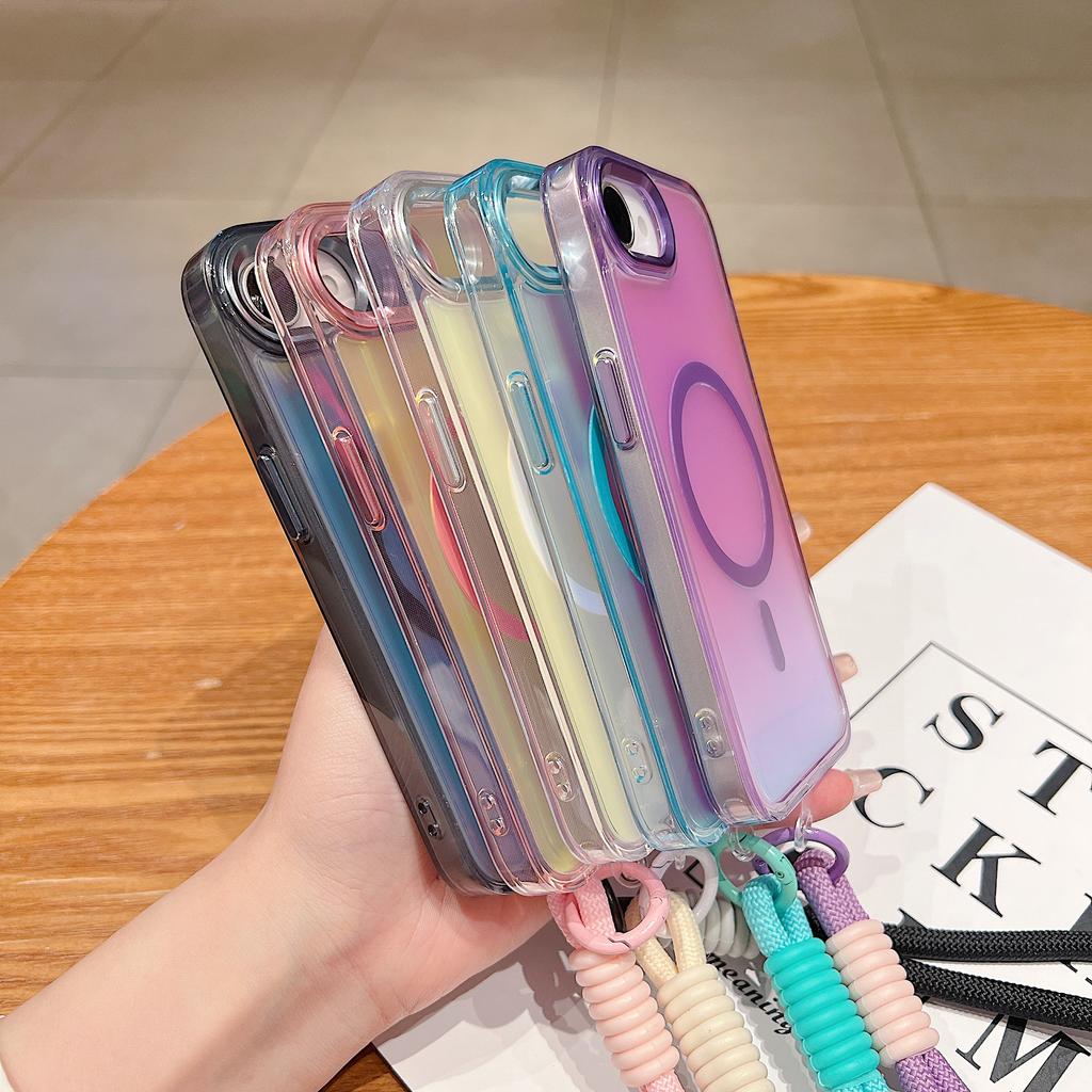 Gradient Colorful Translucent Case for IPhone 12 13 14 15 16 Pro Max 16E Wireless Charging Strong Magnetic Hanging Rope Cover