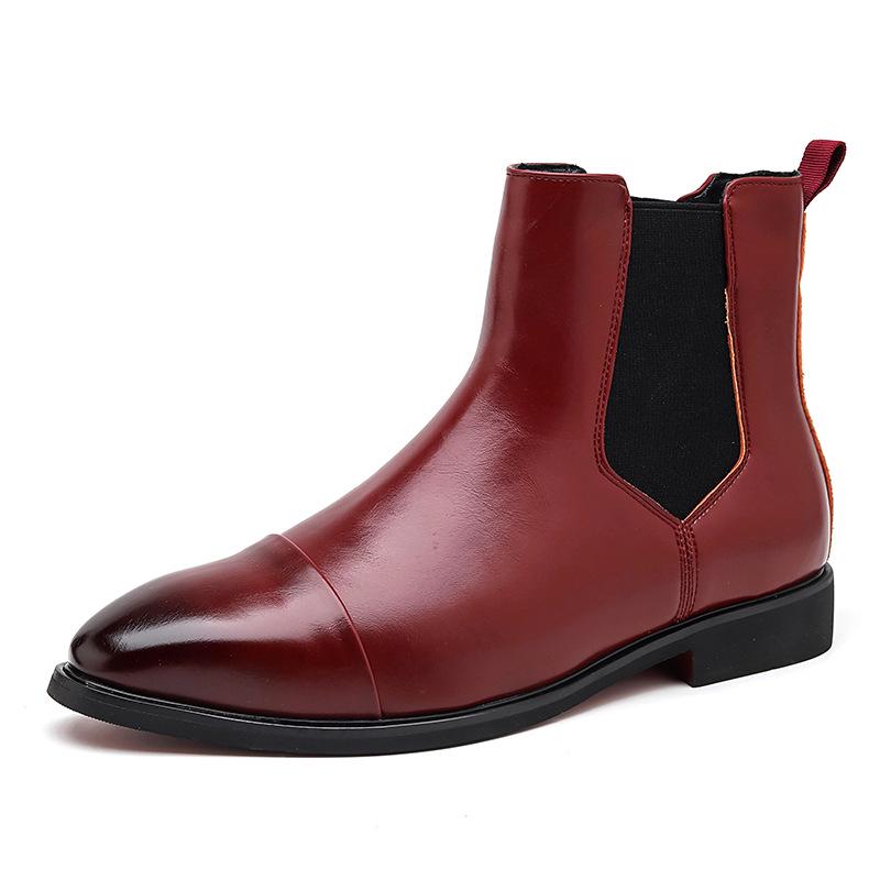 Men's Red Leather Pointed Toe Slip-On Chelsea Boots - High-Top Casual Martin Style, Plus Sizes Available