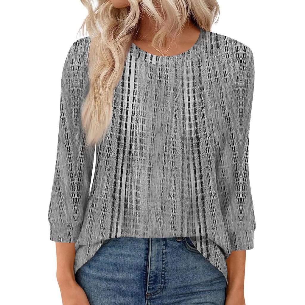 Women's Fashion Casual Round Neck 3/4 Sleeve Loose  Printed T-Shirt Ladies Top