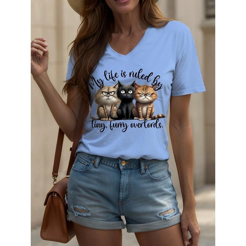 Summer Women's T-Shirt Animal Cat Print Graphic T Shirts Fashion Casual Top Women Oversized V-Neck Women's Clothing