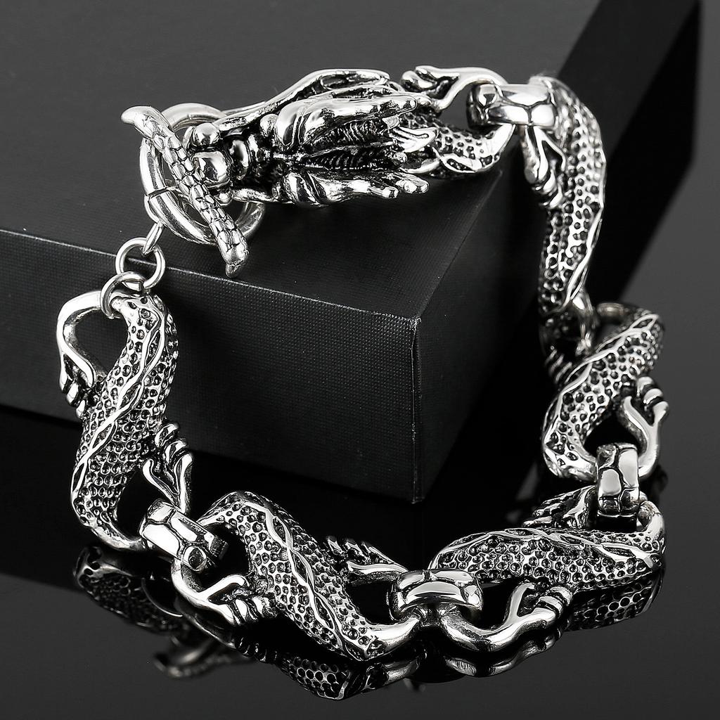 Kalen Dragon Bracelet Vintage Men's Carved Textured Bracelet Stainless Steel Jewelry Holiday Gift