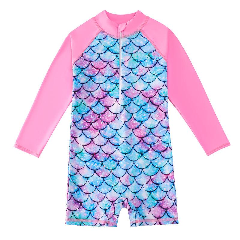 Long Sleeve Mermaid One-Piece Girls' Swimsuit with Sun Protection
