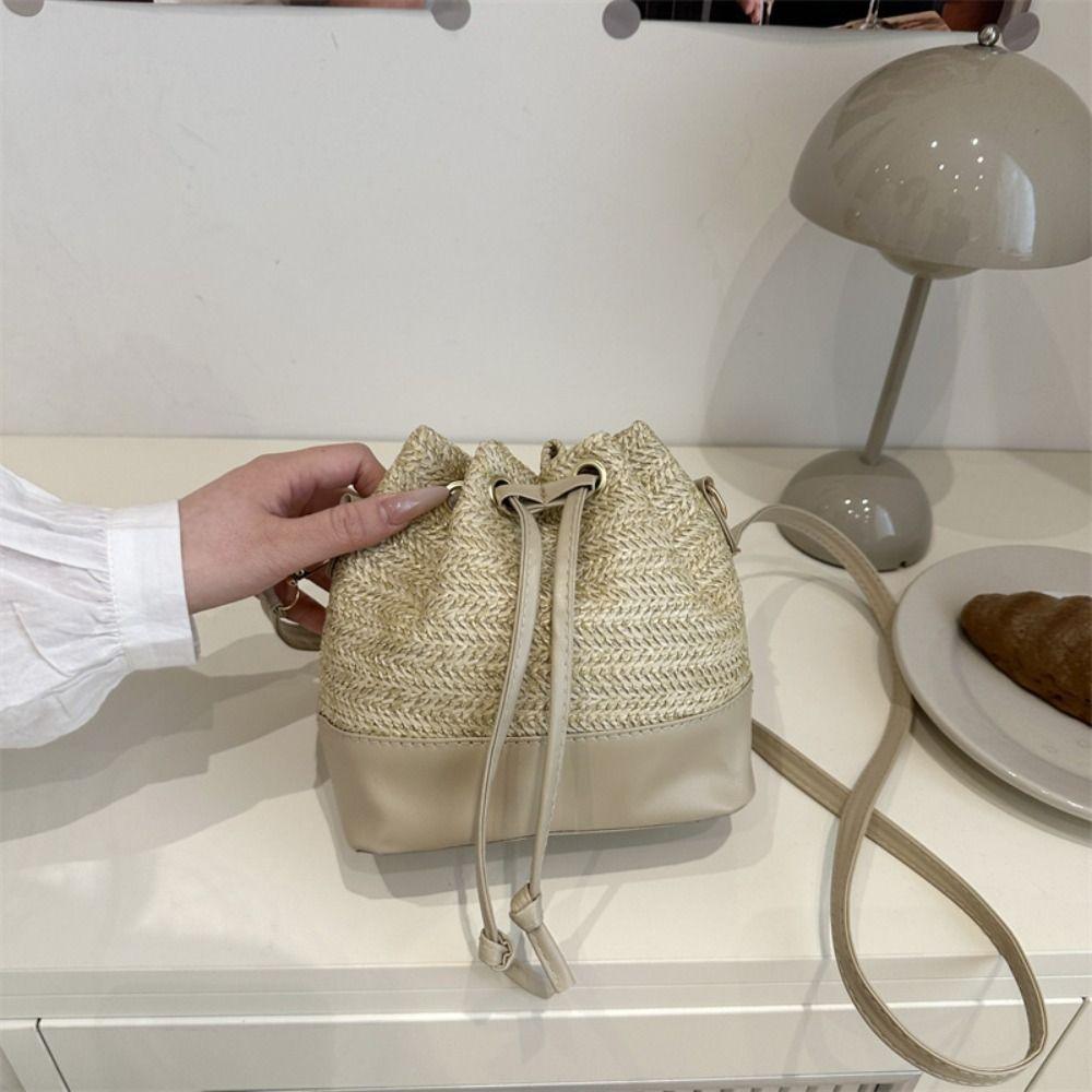 Bohemian Style Raffia Bag Woven Drawstring Bucket Bag Simple Weave Straw Crossbody Bag Holiday