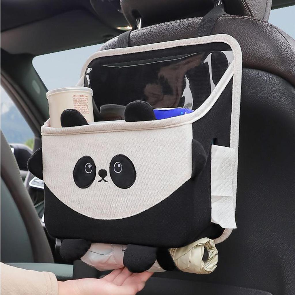 Car Back Seat Storage Box Cartoon Panda Backseat Trash Can Multifunctional Wear-Resistant Soft Plush Storage Bag Tissue Box