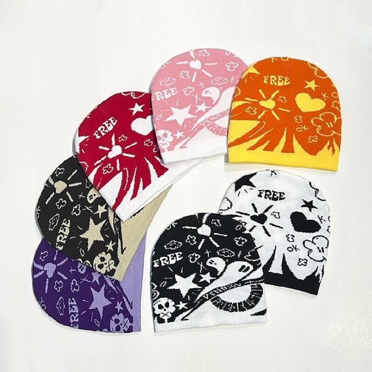 Handmade Crochet Hat Girl Skull Hat Double Side Jacquard Beanies Warm Skull Caps