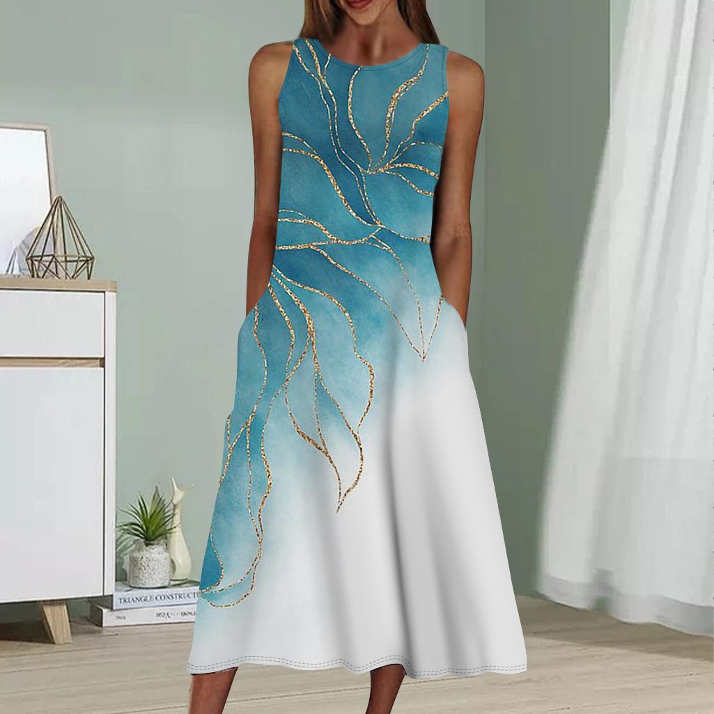 

Летнее модное сексуальное платье без рукавов, мягкое повседневное платье с принтом листьев в 3D-стиле с золотистыми краями, платье без рукавов на бретельках 3XL синий