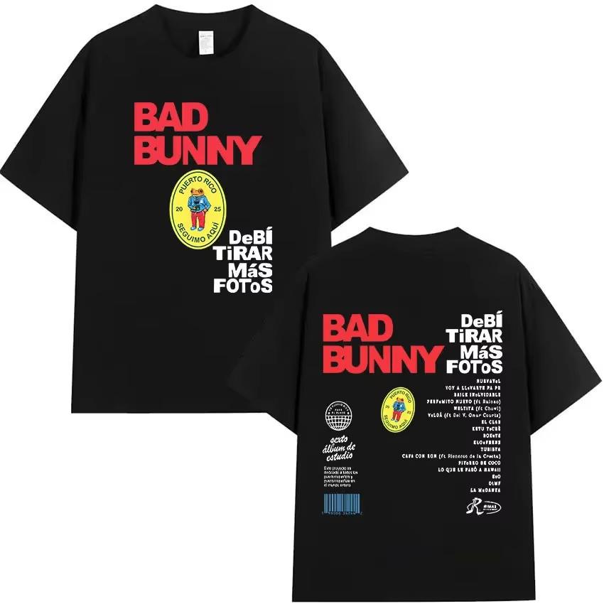 Rapper Bad Bunnys 2025 Tour Album Printed Tshirt for Unisex Casual and Fashionable Cotton Shortsleeved Women Summer T Shirt
