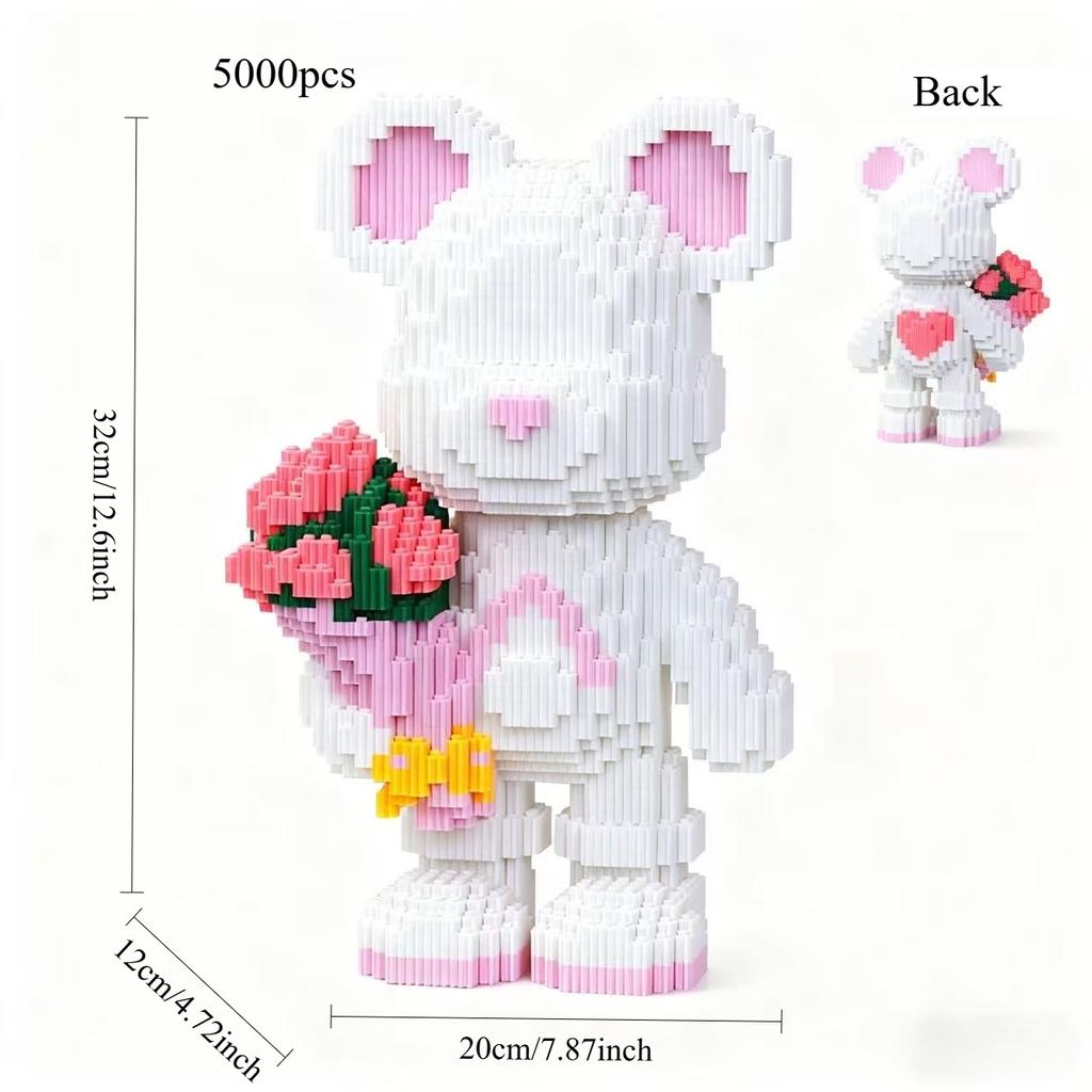 Blockbär hält Blumenstrauß Kreatives Ornament Rosa und Weiße Junge Bären Bausteine Spielzeug Kindergeburtstagsgeschenk Jubiläum Romantisches Geschenk