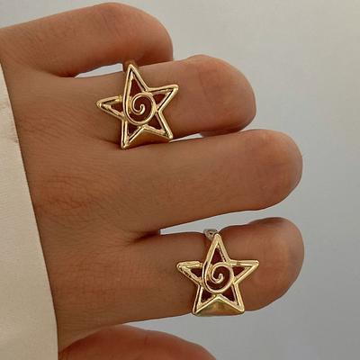 PuRui Couleur Or Vintage 2 Pièces/Ensemble Bagues Étoile Creuse Élégantes Pour Femmes Bagues Ajustables Épaisses et Massives Quotidien Banquet Fête Zircon