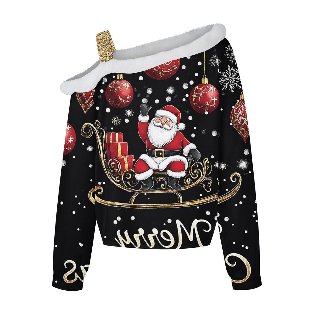 Kadın Günlük Uzun Kollu Omuzdan Askılı Noel Baskılı Peluş Moda Üst