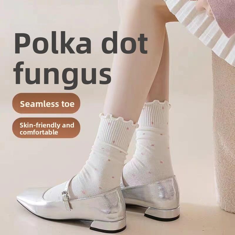 Grey Socks for Women, Mid-calf Autumn Thin Polka Dot Lace Socks, Black Ear-trimmed Autumn and Winter Ballet Style Pile Socks