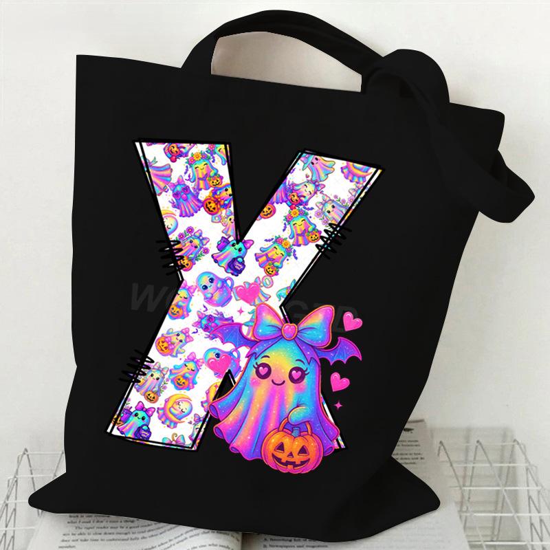 Halloween Alphabet Canvas Bag Going Out Portable Handbag Women's Large Capacity Casual Shoulder Crossbody Bag