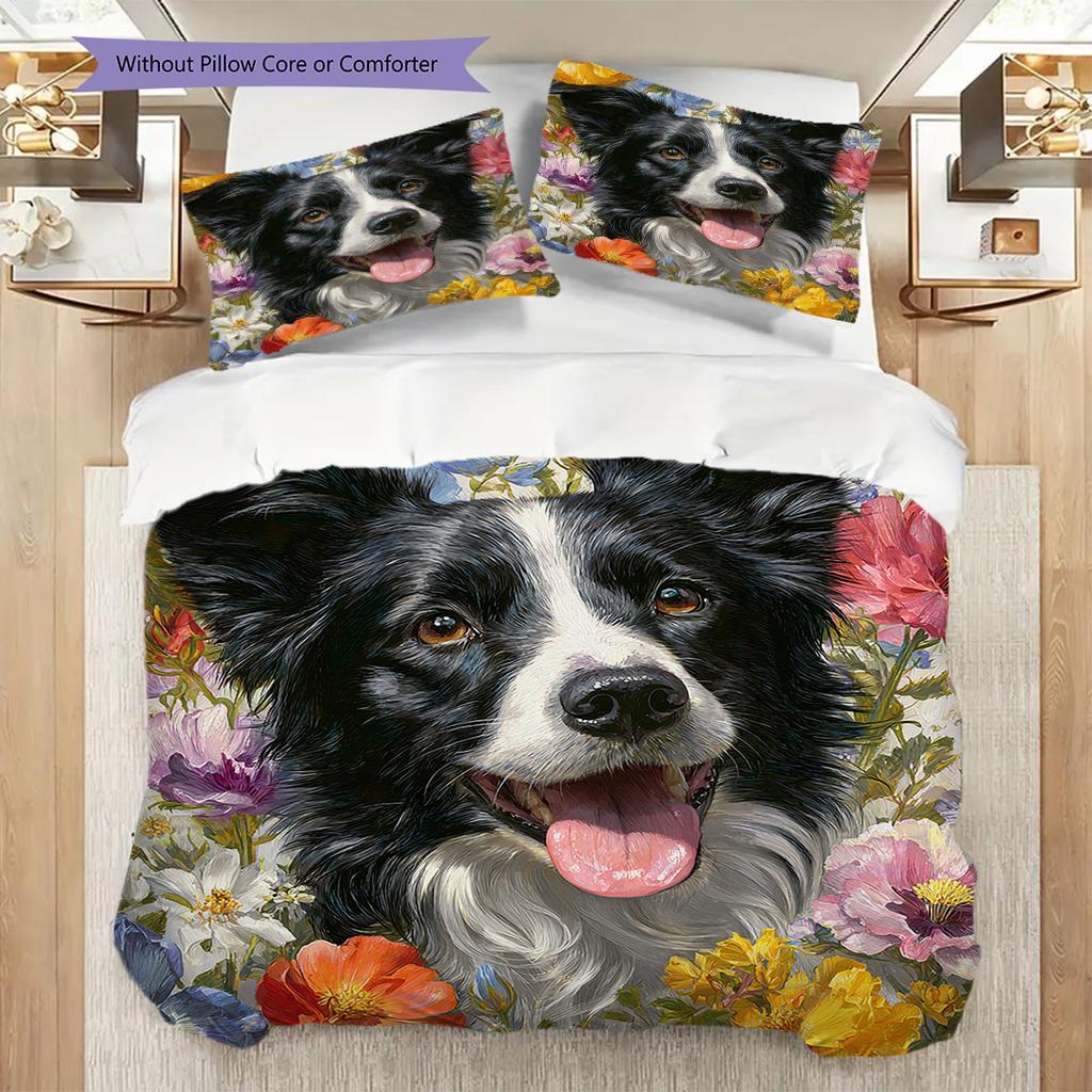 Border Collie Pattern Bedding Quilt Set Quilt Cover Pillowcase Home Decoration Birthday Gift (1 * Duvet Cover + 2 * Pillowcase, Without Core)