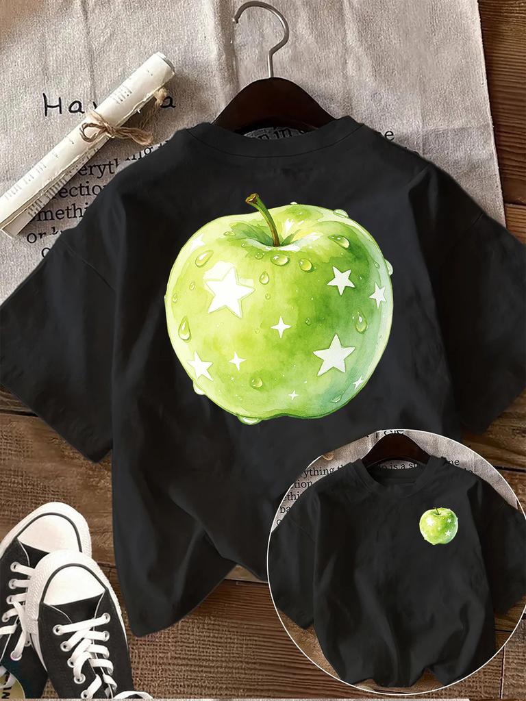 Zielone Jabłko Graficzny T-shirt Damski Uroczy Akwarelowy Nadruk Owocowy Koszulka Codzienny Krótki Rękaw Letni Luźny Harajuku Estetyczny Top