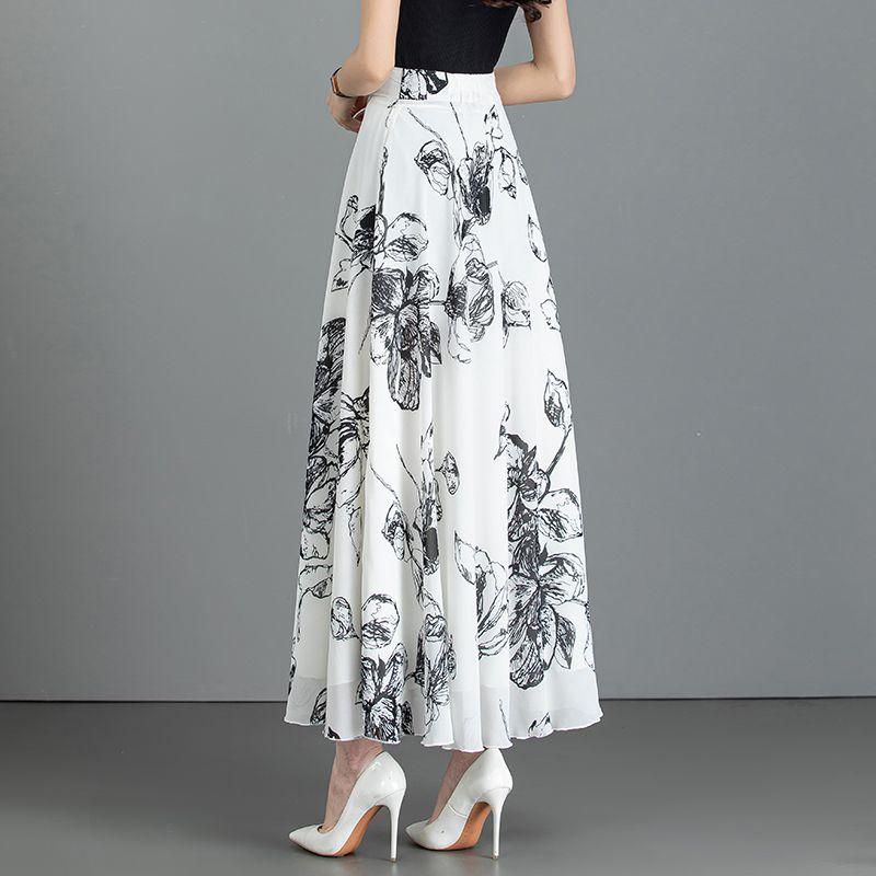 New Summer Retro Ethnic Style Ink-print Chiffon Skirt Women's Long Skirt High Waist A-line Skirt