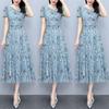 Ice Silk Floral Dress Summer Short-sleeved New Plus Size Women's Waist Slimming Belly-covering Long Dress