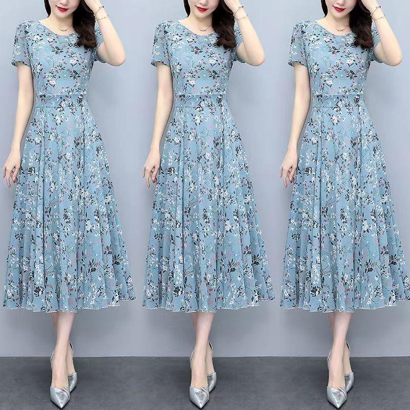 Ice Silk Floral Dress Summer Short-sleeved New Plus Size Women's Waist Slimming Belly-covering Long Dress