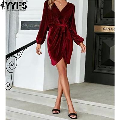 Moda feminina primavera outono manga comprida cintura alta decote em v vestidos de coquetel e noite