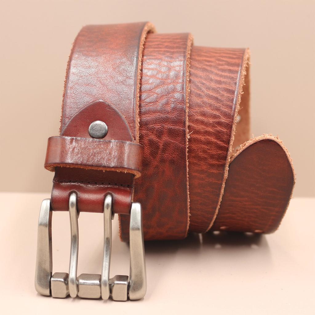3.8Cm Wide Retro Water Shampoo Layer Pure Cowhide Belt Men'S Genuine Leather Trend Double Needle Women'S Casual Belt