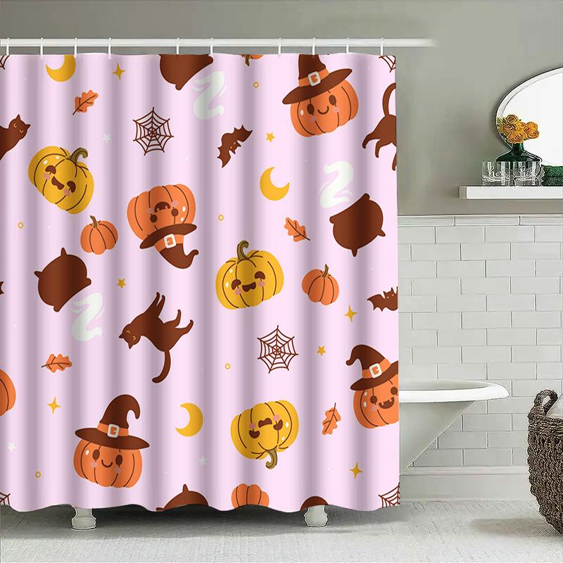 Charming Halloween-Themed Shower Curtain Set With Pumpkin Witch Hat Patterns For Bathroom Decorations Pink Background, Size 180C
