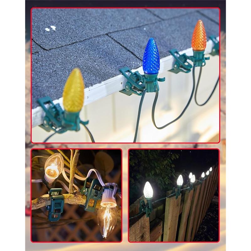 A25F-Outdoor C7 C9 Light Clips Pack Of 50 Universal Spring Clips For Christmas Lights, Fits Roofs,Compatible E12 E17 Sockets