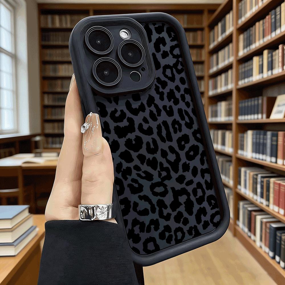 Black Leopard Print Pattern Soft TPU Phone Case for iPhone 17 16 15 14 13 12 11 Pro Max Plus Shockproof Anti-Slip Cover
