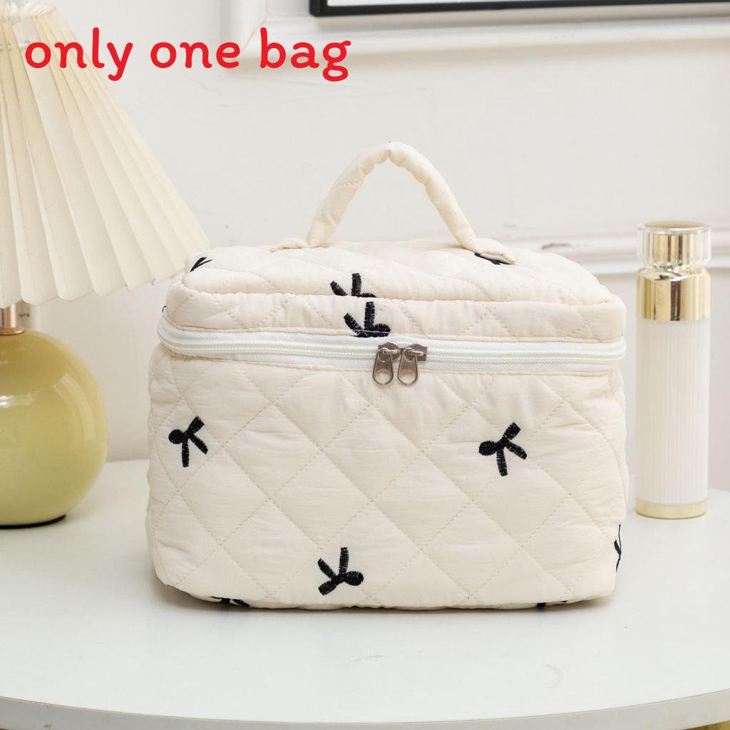 Floral Embroidered Bow Makeup Bag Large Capacity With Carry Handle For Daily Use