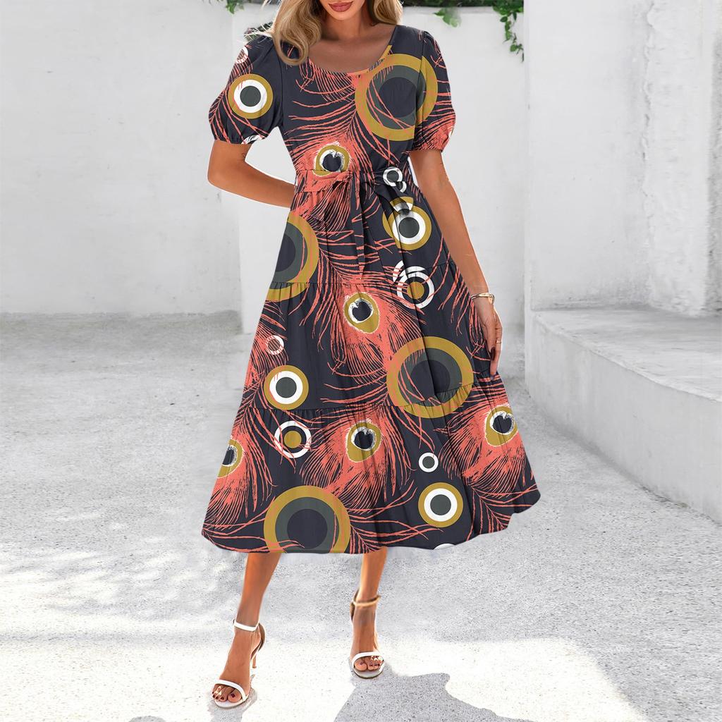 Women's Summer Short Sleeve Round Neck Waistband Bohemian Flowy Layered Maxi Dress With Pockets